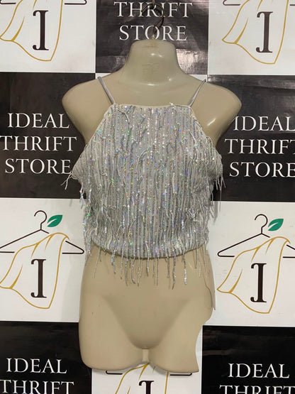 BERSHKA |M| BUST 16| A22| SILVER HOLOGRAPHIC SEQUIN FRINGE CROP TOP | GLAMOROUS PARTY CAMI