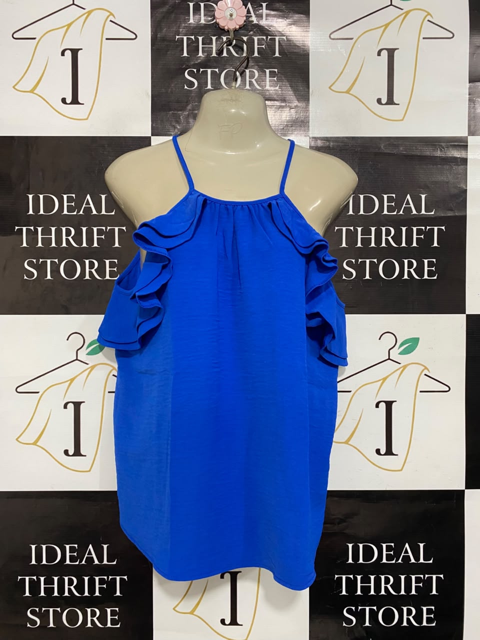 GEORGE |L| BUST 21| A22| ROYAL BLUE COLD-SHOULDER RUFFLE-TRIM CAMI TOP | ELEGANT STATEMENT BLOUSE