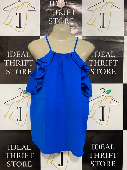 GEORGE |L| BUST 21| A22| ROYAL BLUE COLD-SHOULDER RUFFLE-TRIM CAMI TOP | ELEGANT STATEMENT BLOUSE