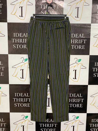 ATMOSPHERE |S| WAIST 26| A22| OLIVE GREEN AND STRIPED CASUAL TROUSERS | VERTICAL STRIPE ANKLE PANTS