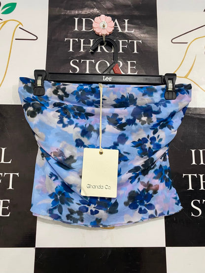 GHANDA CO |S| WAIST 28| A22| BLUE AND PURPLE FLORAL MESH STRAPLESS TUBE TOP | CHIC Y2K BANDEAU