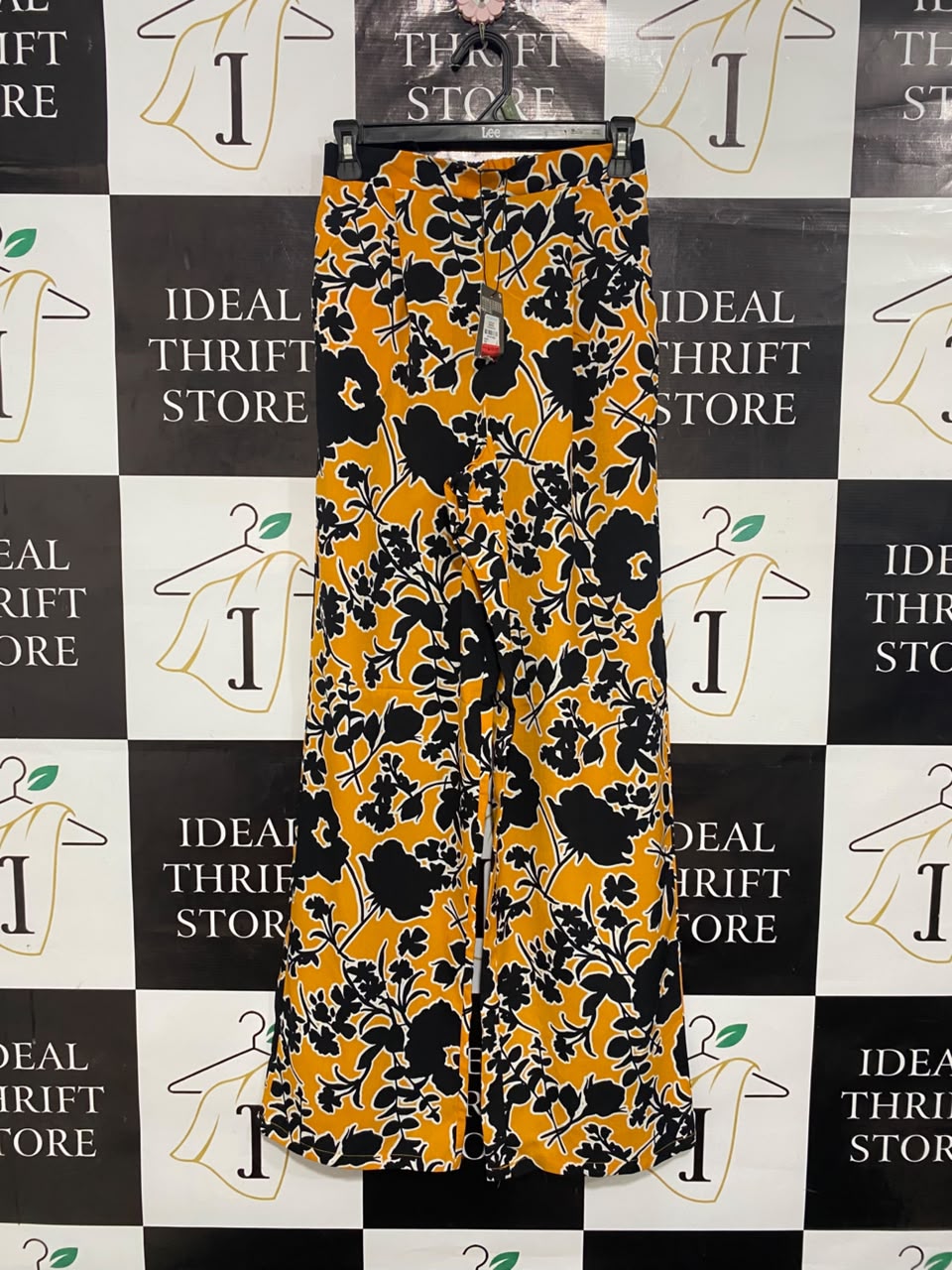 PRIMARK |S| WAIST 26| A22| MUSTARD YELLOW AND BLACK FLORAL PRINT WIDE-LEG TROUSERS | BOLD STATEMENT PALAZZO PANTS