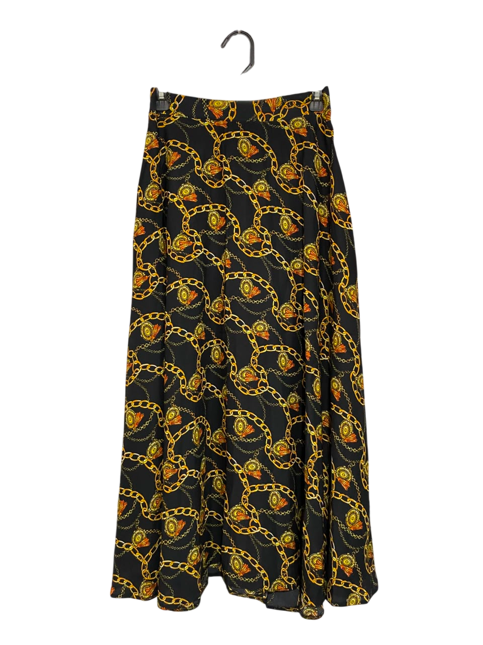 NEW LOOK |S| WAIST 26| A23| BLACK AND GOLD BAROQUE CHAIN PRINT HIGH-WAIST MAXI SKIRT | ELEGANT FLOWY LONG SKIRT