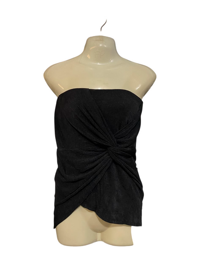 BWLDR |S| BUST 15| A23| CLASSIC BLACK STRAPLESS KNOT-FRONT DRAPED TUBE TOP | ELEGANT ASYMMETRIC BLOUSE