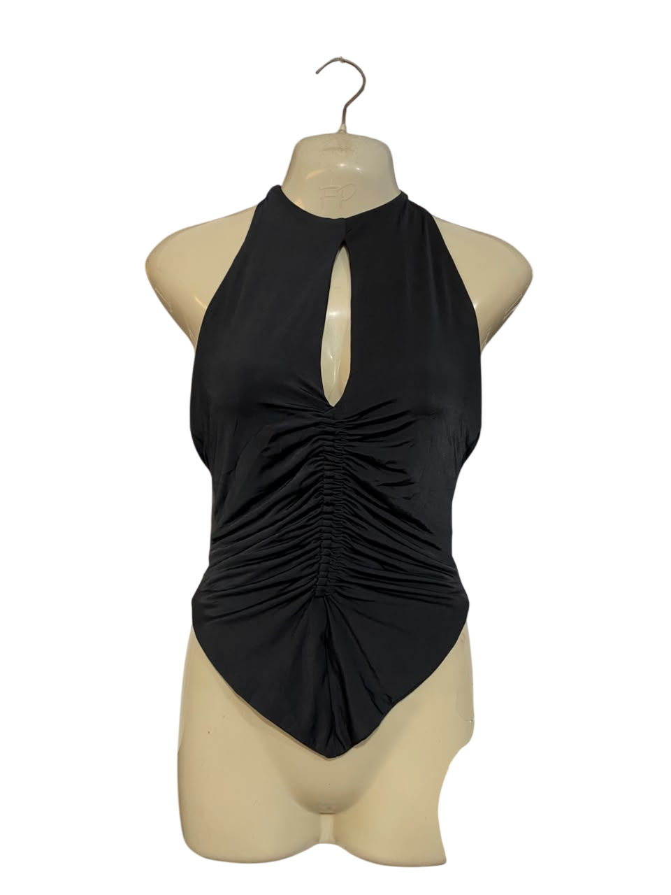 MESHKI |XS| BUST 15| A23| CLASSIC BLACK HALTER-NECK KEYHOLE RUCHED BODYCON BODYSUIT | ELEGANT SLEEVELESS EVENING TOP