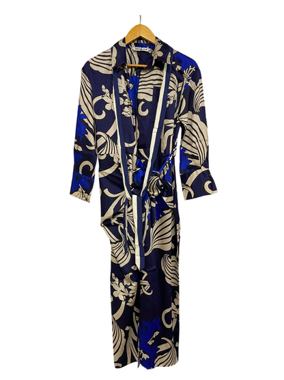 ZARA |S| BUST 17| A23| NAVY BLUE AND CREAM ABSTRACT FLORAL SHIRT DRESS | ELEGANT WRAP-STYLE MIDI DRESS