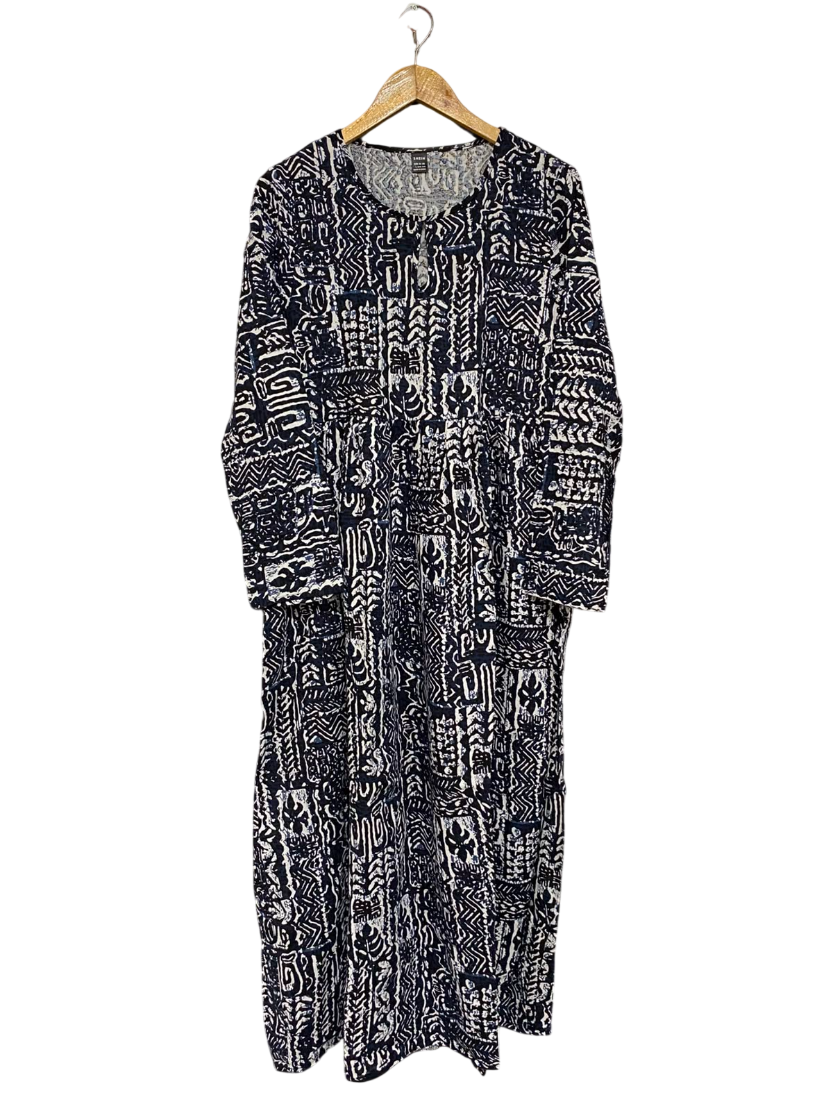 SHEIN |L| BUST 19| A23| NAVY BLUE AND WHITE TRIBAL AZTEC PRINT LONG-SLEEVE MAXI DRESS | CASUAL BOHEMIAN DRESS