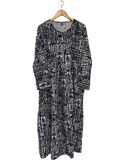 SHEIN |L| BUST 19| A23| NAVY BLUE AND WHITE TRIBAL AZTEC PRINT LONG-SLEEVE MAXI DRESS | CASUAL BOHEMIAN DRESS