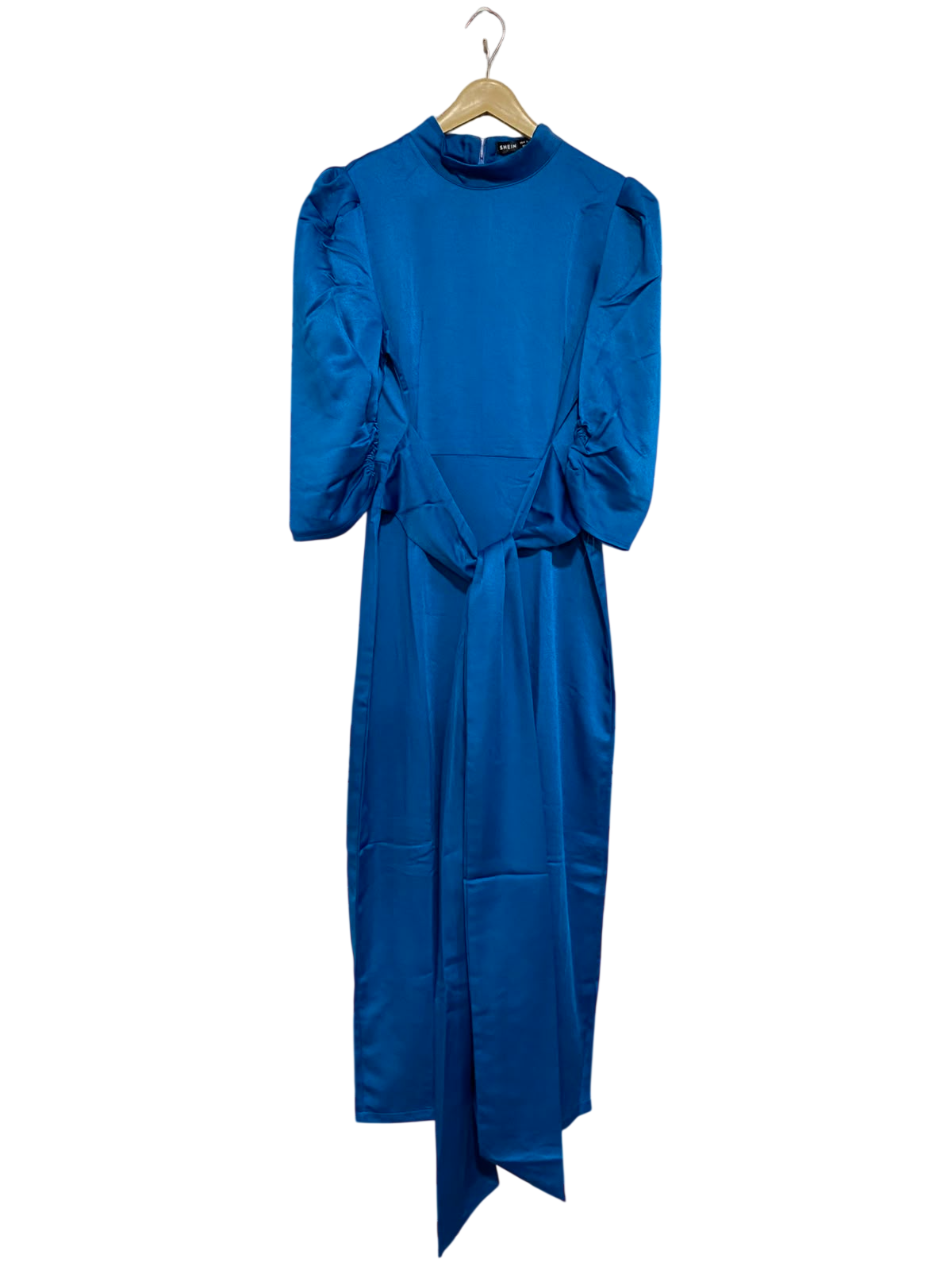 SHEIN |M| BUST 18| A23| ROYAL BLUE SATIN HIGH-NECK PUFF-SLEEVE TIE-WAIST MIDI DRESS | ELEGANT COCKTAIL DRESS