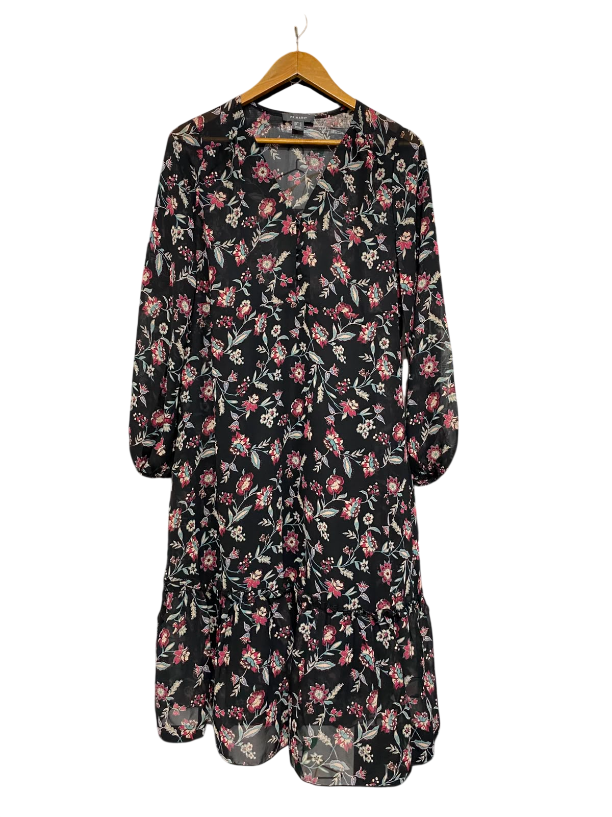 PRIMARK |L| BUST 19| A23| BLACK AND MULTICOLOR FLORAL V-NECK LONG-SLEEVE TIERED MIDI DRESS | ELEGANT BOHEMIAN DRESS
