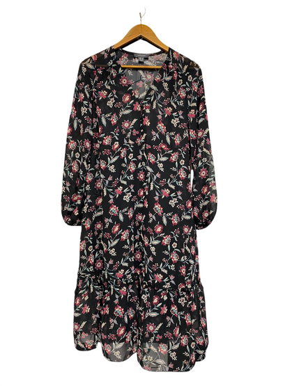 PRIMARK |L| BUST 19| A23| BLACK AND MULTICOLOR FLORAL V-NECK LONG-SLEEVE TIERED MIDI DRESS | ELEGANT BOHEMIAN DRESS