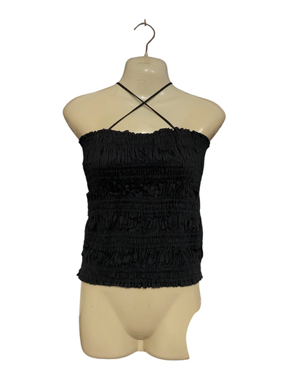 ELCE SWIM |XS| BUST 15| A23| CLASSIC BLACK SMOCKED HALTER-NECK CROSS-STRAP CROP TOP | ELEGANT SLEEVELESS TUBE BLOUSE