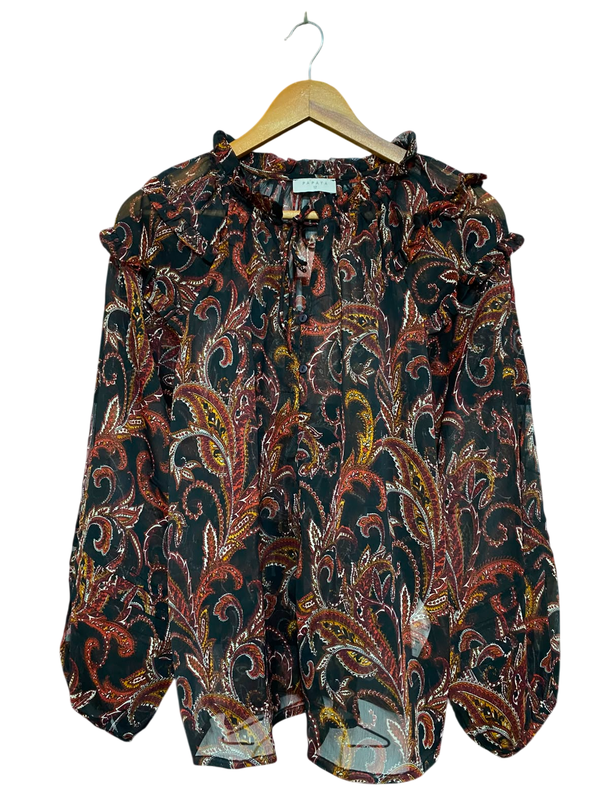 PAPAYA |M| BUST 21| A23| BOHEMIAN PAISLEY PRINT RUFFLE-TRIM LONG-SLEEVE SHEER BLOUSE | ELEGANT BUTTON-UP SHIRT