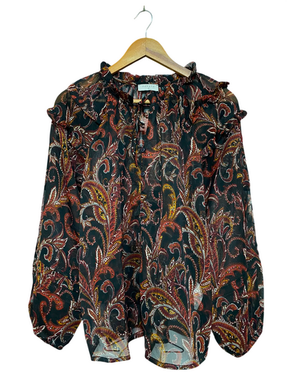 PAPAYA |M| BUST 21| A23| BOHEMIAN PAISLEY PRINT RUFFLE-TRIM LONG-SLEEVE SHEER BLOUSE | ELEGANT BUTTON-UP SHIRT