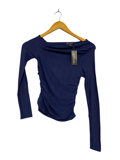 PRETTYLITTLE THING |XS| BUST 12| A23| DEEP NAVY BLUE ASYMMETRIC OFF-SHOULDER RUFFLED LONG-SLEEVE TOP | CHIC BODYCON BLOUSE