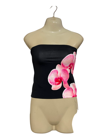 SUPRE |XS| BUST 12| A23| BLACK AND PINK ORCHID FLORAL STRAPLESS TUBE TOP | ELEGANT SLEEVELESS BODYCON CROP TOP