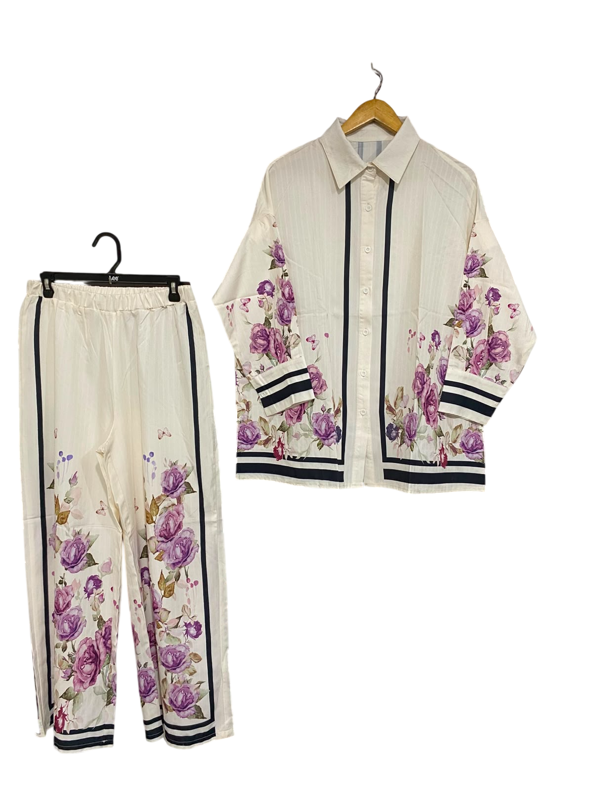SHEIN |L| A23| IVORY AND PURPLE ROSE FLORAL STRIPED BUTTON-UP SHIRT AND WIDE-LEG TROUSER CO-ORD SET