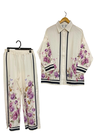 SHEIN |L| A23| IVORY AND PURPLE ROSE FLORAL STRIPED BUTTON-UP SHIRT AND WIDE-LEG TROUSER CO-ORD SET