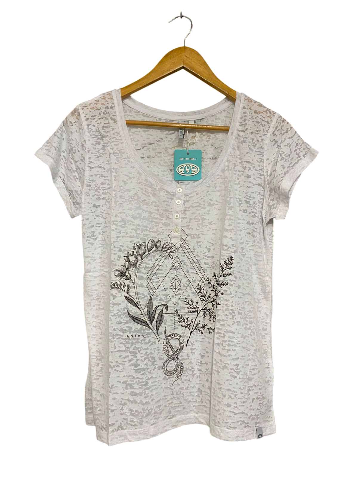 ANIMAL |XL| BUST 23| A23| ANIMAL WHITE BURNT-OUT GEOMETRIC BOTANICAL GRAPHIC HENLEY TEE
