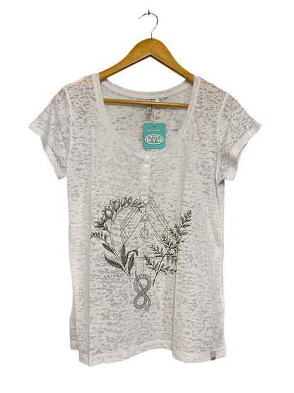 ANIMAL |XL| BUST 23| A23| ANIMAL WHITE BURNT-OUT GEOMETRIC BOTANICAL GRAPHIC HENLEY TEE