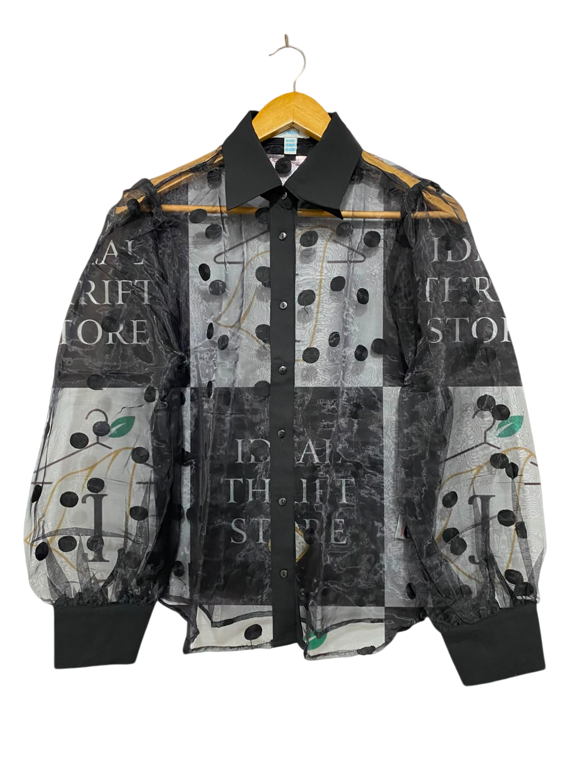 BLUE VANILLA |XS| BUST 19| A23| BLACK SHEER ORGANZA FLOCK DOT LONG-SLEEVE BUTTON-UP SHIRT