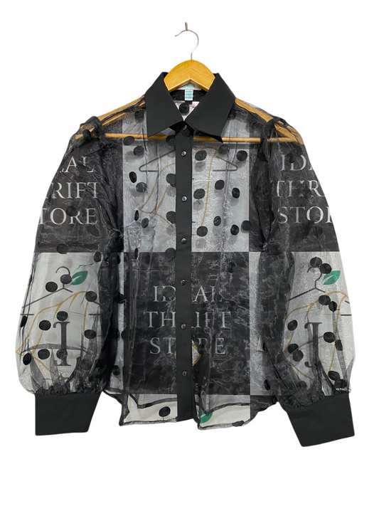BLUE VANILLA |XS| BUST 19| A23| BLACK SHEER ORGANZA FLOCK DOT LONG-SLEEVE BUTTON-UP SHIRT