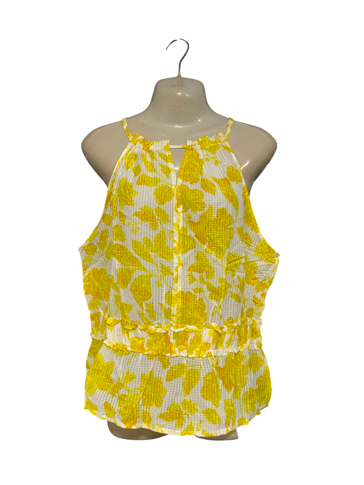 M&S |M| BUST 21| A23| SUNNY YELLOW AND WHITE FLORAL HALTER NECK PEPLUM TOP | SUNKISSED SLEEVELESS SUMMER BLOUSE