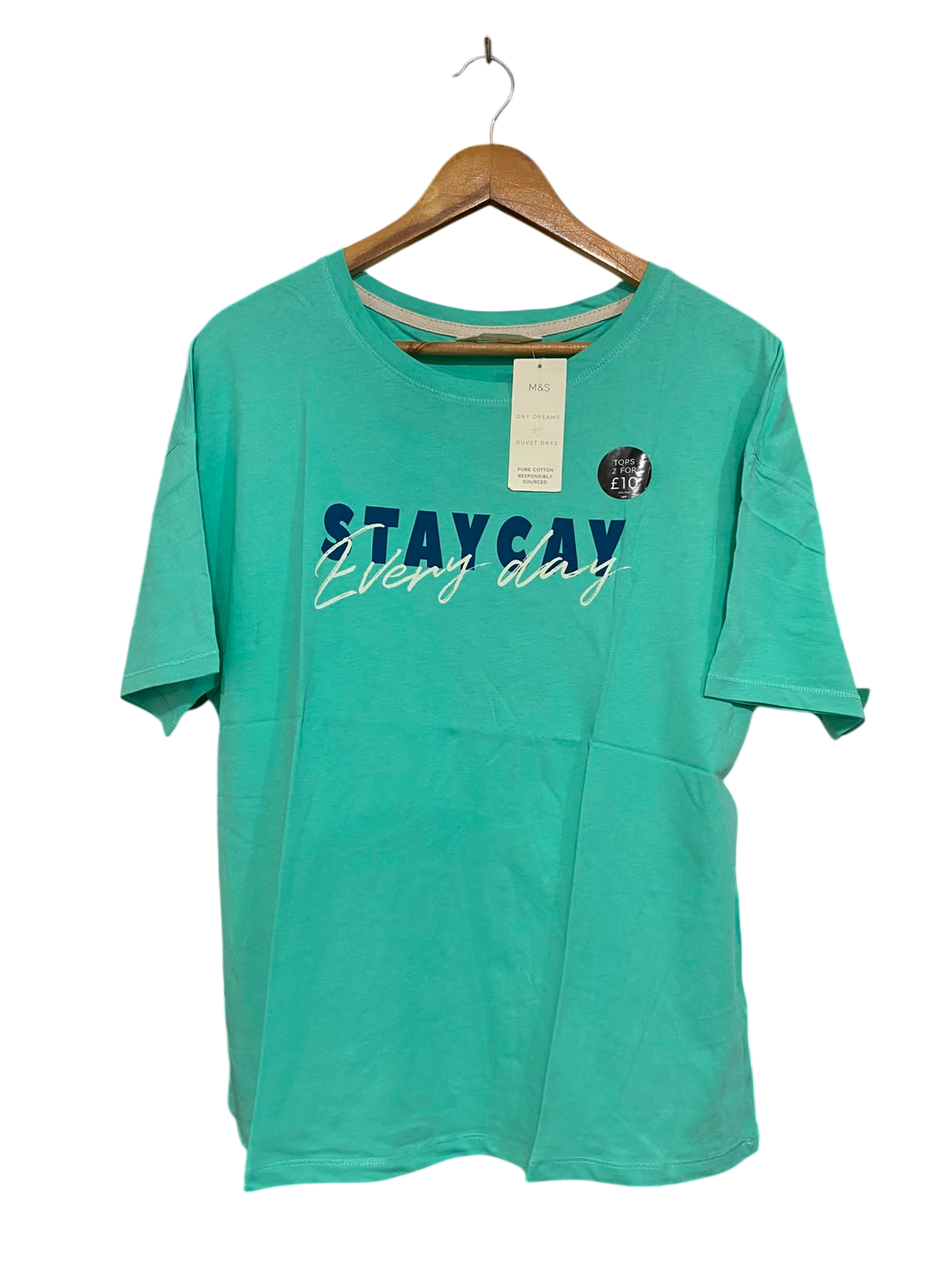 M&S |L| BUST 20| A23| MINT GREEN "STAYCAY EVERYDAY" GRAPHIC SHORT-SLEEVE T-SHIRT | CASUAL COTTON TEE