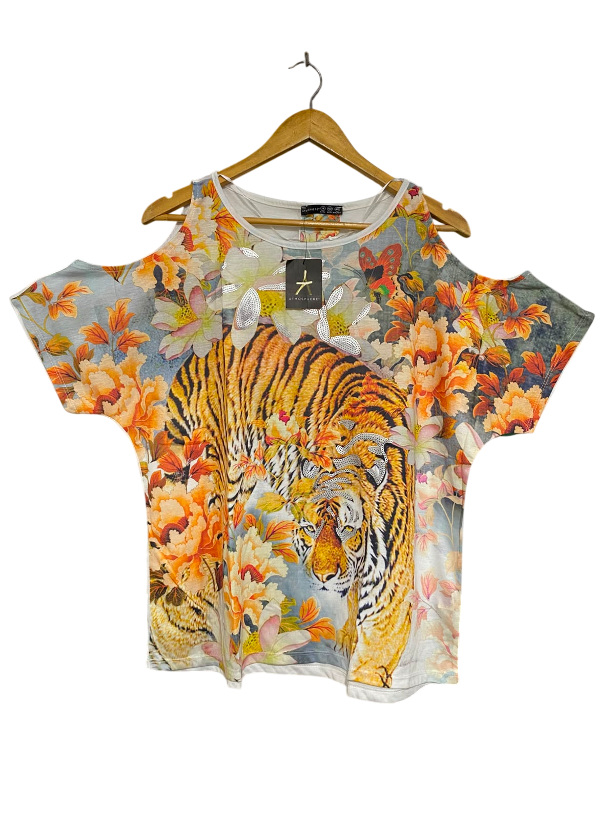 ATHSPHERE |L| BUST FREE| A23| TIGER AND FLORAL PRINT COLD-SHOULDER SHORT-SLEEVE TEE | BOLD STATEMENT BLOUSE