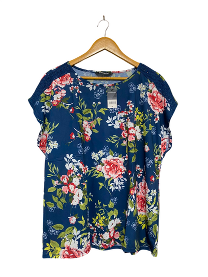 BONMARCHE |XL| BUST 24| A24| BLUE AND PINK FLORAL PRINT SHORT-SLEEVE CROCHET-ACCENT TOP | ELEGANT CASUAL BLOUSE