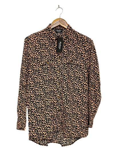 MODERNO |L| BUST 20| A24| BLACK AND PEACH ABSTRACT ANIMAL PRINT LONG-SLEEVE BUTTON-UP SHIRT | BOLD UTILITY BLOUSE
