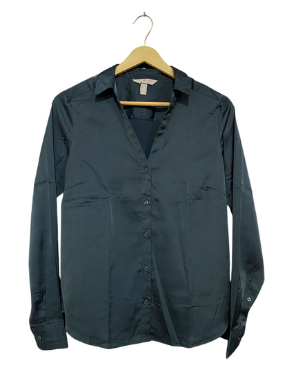H&M |M| BUST 17| A24| DARK FOREST GREEN SATIN V-NECK LONG-SLEEVE BUTTON-UP BLOUSE | ELEGANT TAILORED SHIRT