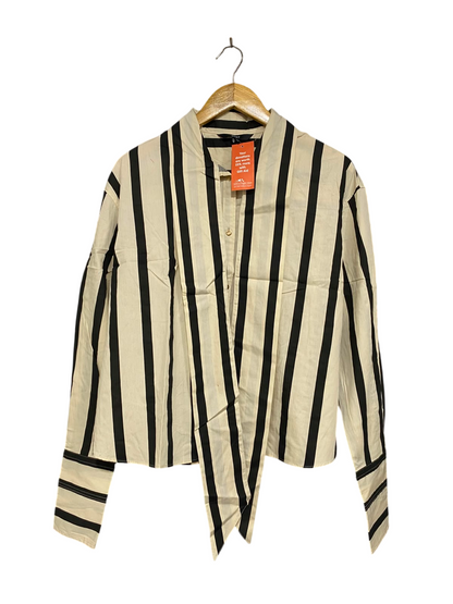 NEXT |L| BUST 23| A24| BLACK AND WHITE STRIPED LONG-SLEEVE TIE-FRONT SHIRT | CHIC CROPPED BUTTON-UP BLOUSE