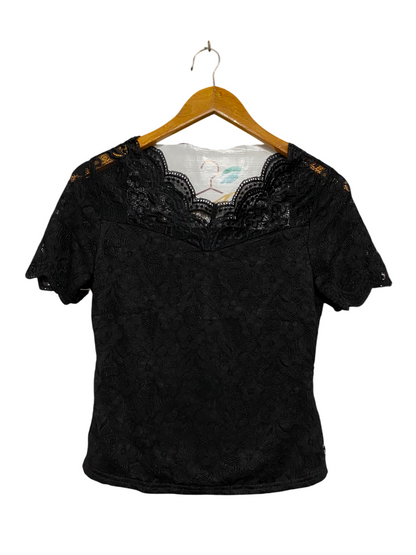 SHEIN |S| BUST 15| A24| CLASSIC BLACK FLORAL LACE SHORT-SLEEVE SCALLOPED NECK BLOUSE | ELEGANT SHEER-ACCENTED TOP