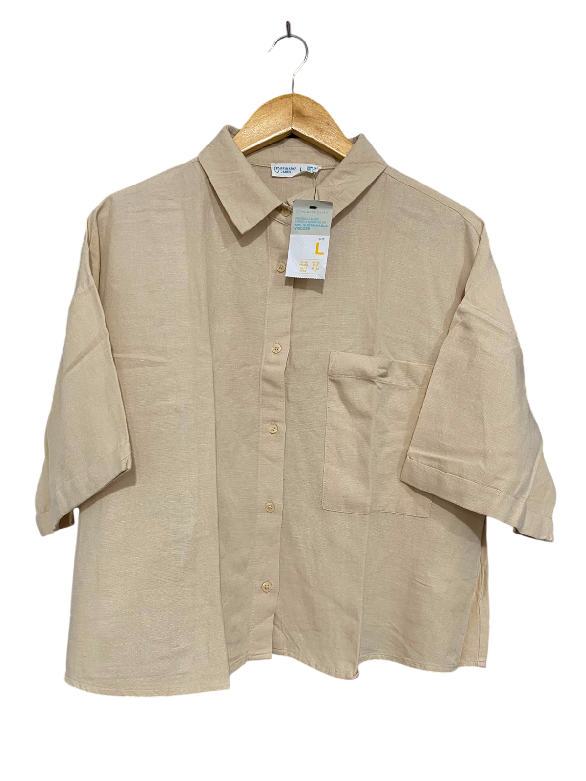 PRIMARK CARES |L| BUST 22| A24| BEIGE OVERSIZED SHORT-SLEEVE BUTTON-UP SHIRT | CASUAL LINEN-LOOK BLOUSE WITH POCKET