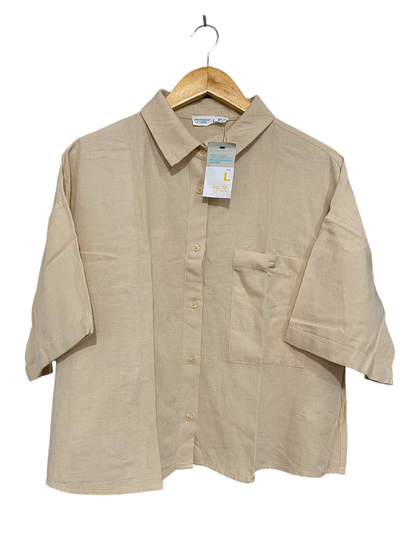 PRIMARK CARES |L| BUST 22| A24| BEIGE OVERSIZED SHORT-SLEEVE BUTTON-UP SHIRT | CASUAL LINEN-LOOK BLOUSE WITH POCKET