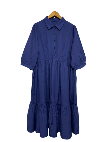 SHEIN CURVE |XL| BUST 22| A24| ROYAL BLUE COLLARED BUTTON-UP TIERED MIDI SHIRT DRESS | ELEGANT HALF-SLEEVE DRESS
