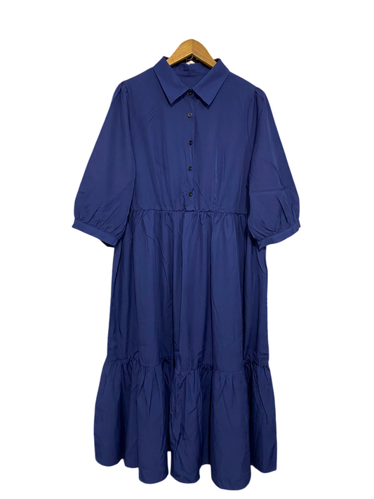 SHEIN CURVE |XL| BUST 22| A24| ROYAL BLUE COLLARED BUTTON-UP TIERED MIDI SHIRT DRESS | ELEGANT HALF-SLEEVE DRESS