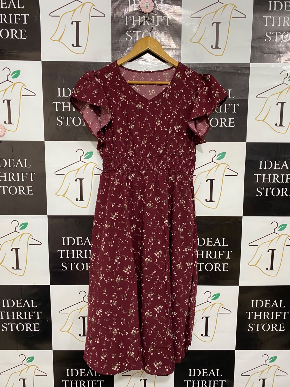 |XL| BUST 18| A24| BURGUNDY AND WHITE FLORAL PRINT V-NECK RUFFLE-SLEEVE MIDI DRESS | ROMANTIC SMOCKED-WAIST SUMMER DRESS
