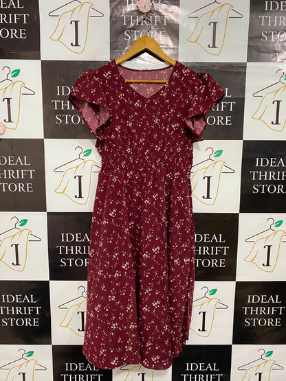 |XL| BUST 18| A24| BURGUNDY AND WHITE FLORAL PRINT V-NECK RUFFLE-SLEEVE MIDI DRESS | ROMANTIC SMOCKED-WAIST SUMMER DRESS