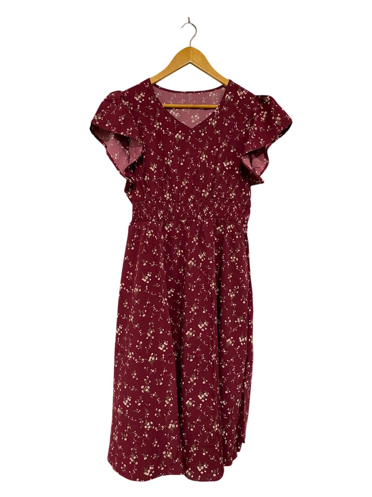 |XL| BUST 18| A24| BURGUNDY AND WHITE FLORAL PRINT V-NECK RUFFLE-SLEEVE MIDI DRESS | ROMANTIC SMOCKED-WAIST SUMMER DRESS