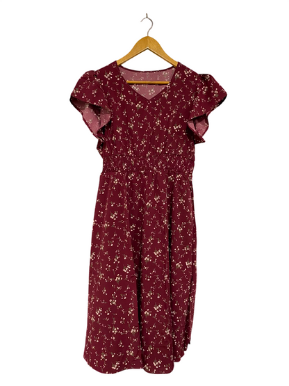 |XL| BUST 18| A24| BURGUNDY AND WHITE FLORAL PRINT V-NECK RUFFLE-SLEEVE MIDI DRESS | ROMANTIC SMOCKED-WAIST SUMMER DRESS