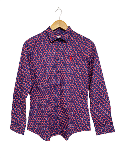 U S POLO ASSN |L| BUST 18| A24| NAVY BLUE AND RED FLORAL PRINT LONG-SLEEVE BUTTON-UP SHIRT | CLASSIC TAILORED BLOUSE