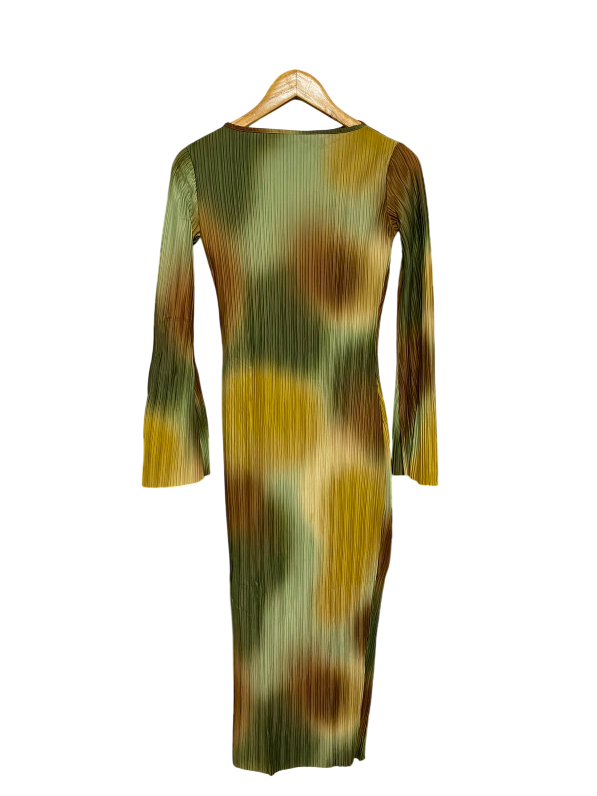 BOOHOO |S| BUST 15| A24| GREEN, YELLOW, AND BROWN ABSTRACT TIE-DYE PLEATED LONG-SLEEVE MIDI DRESS | VINTAGE-INSPIRED BODYCON DRESS