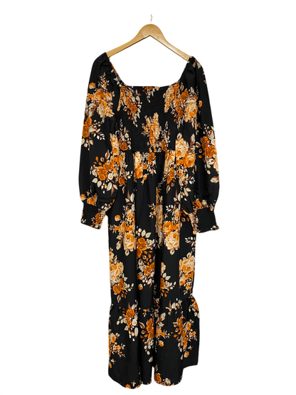 SHEIN CURVE |XL| BUST 16| A24| BLACK AND AMBER ORANGE FLORAL PRINT SMOCKED MIDI DRESS | BOHEMIAN LONG-SLEEVE TIERED GOWN