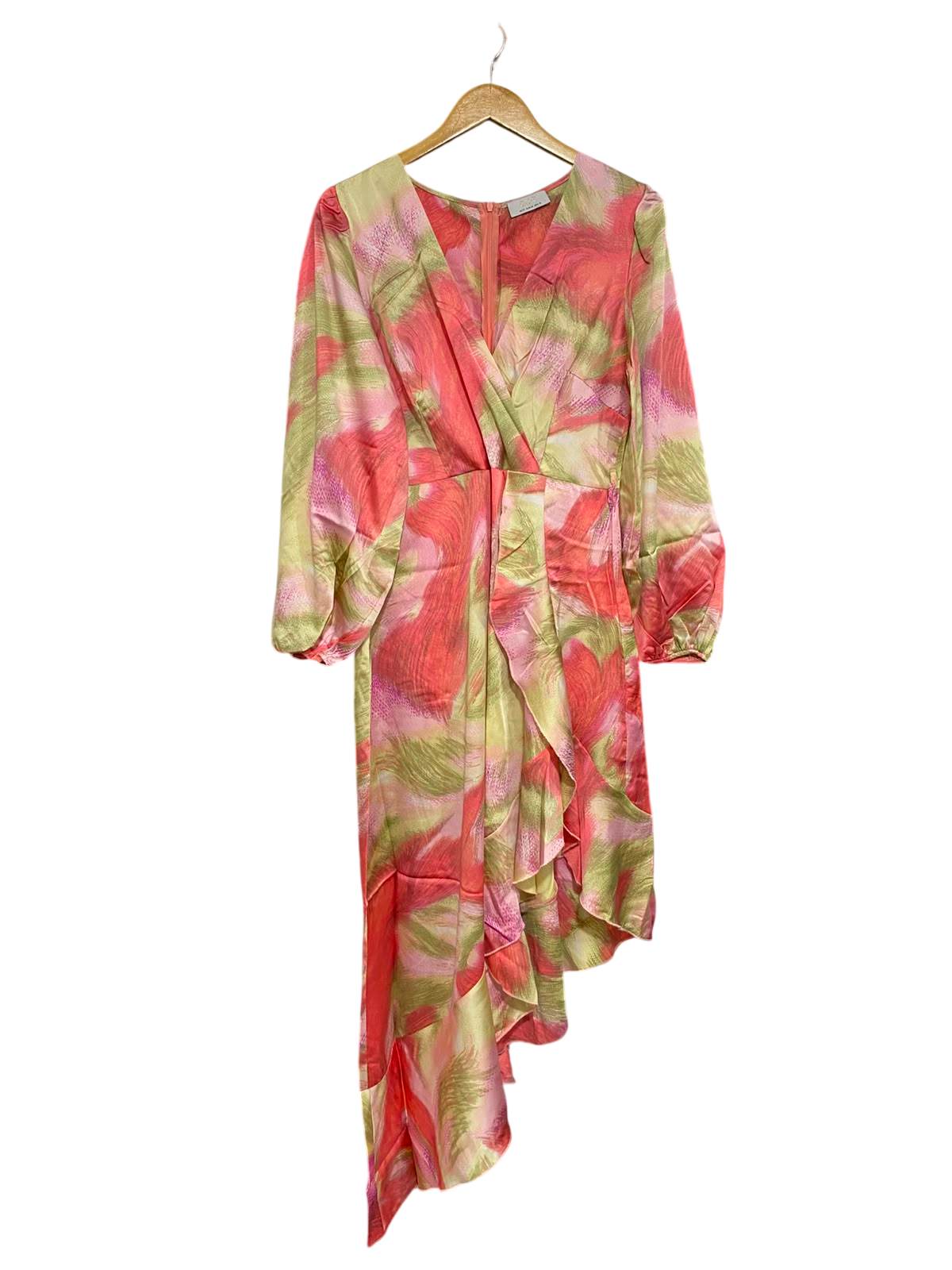QUIZ |L| BUST 19| A24| CORAL, PINK, AND SAGE GREEN ABSTRACT SATIN ASYMMETRIC WRAP MIDI DRESS | VIBRANT RUFFLE-ACCENTED COCKTAIL DRESS