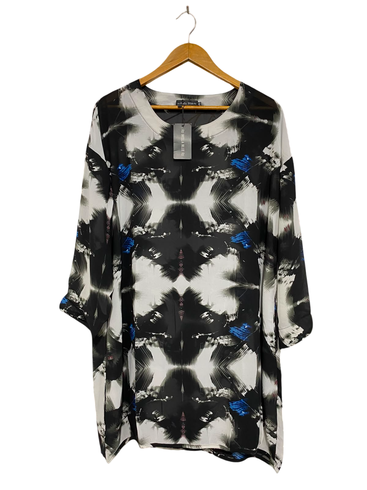 BELLA BLUE |L/XL| BUST 22| A24| BLUE BLACK, WHITE, AND BLUE ABSTRACT BRUSHSTROKE PRINT TUNIC TOP | ARTISTIC OVERSIZED BLOUSE