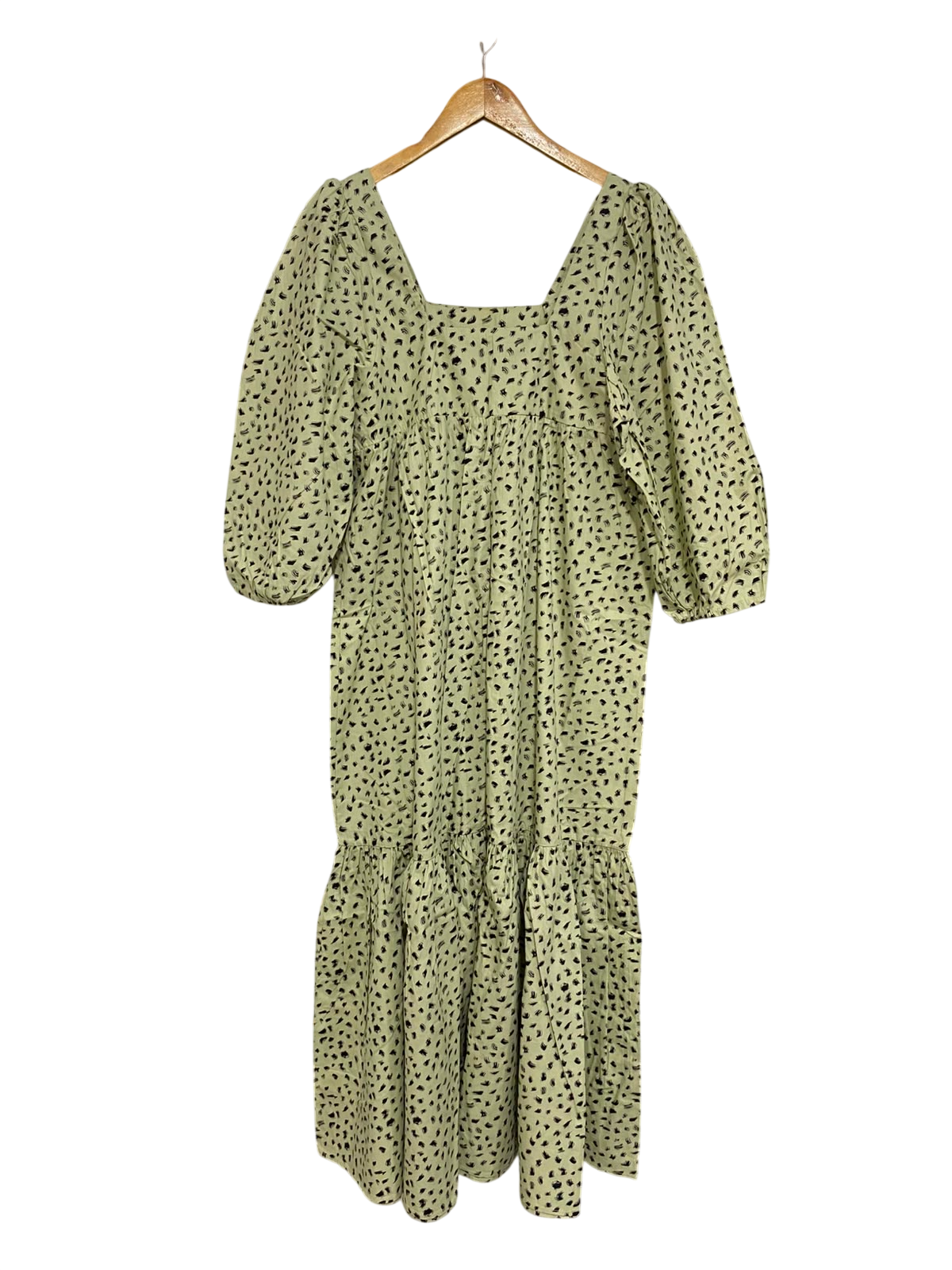 EDITED |M| BUST 18| A24| SAGE GREEN AND BLACK ABSTRACT ANIMAL PRINT SQUARE-NECK TIERED MIDI DRESS | BOHEMIAN PUFF-SLEEVE DRESS