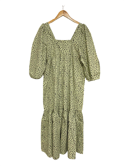 EDITED |M| BUST 18| A24| SAGE GREEN AND BLACK ABSTRACT ANIMAL PRINT SQUARE-NECK TIERED MIDI DRESS | BOHEMIAN PUFF-SLEEVE DRESS