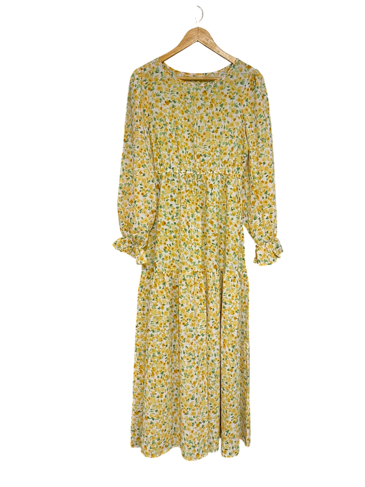 |M| BUST 17| A24| YELLOW AND WHITE FLORAL PRINT LONG-SLEEVE MIDI DRESS | ELEGANT RUFFLE-CUFF SPRING DRESS
